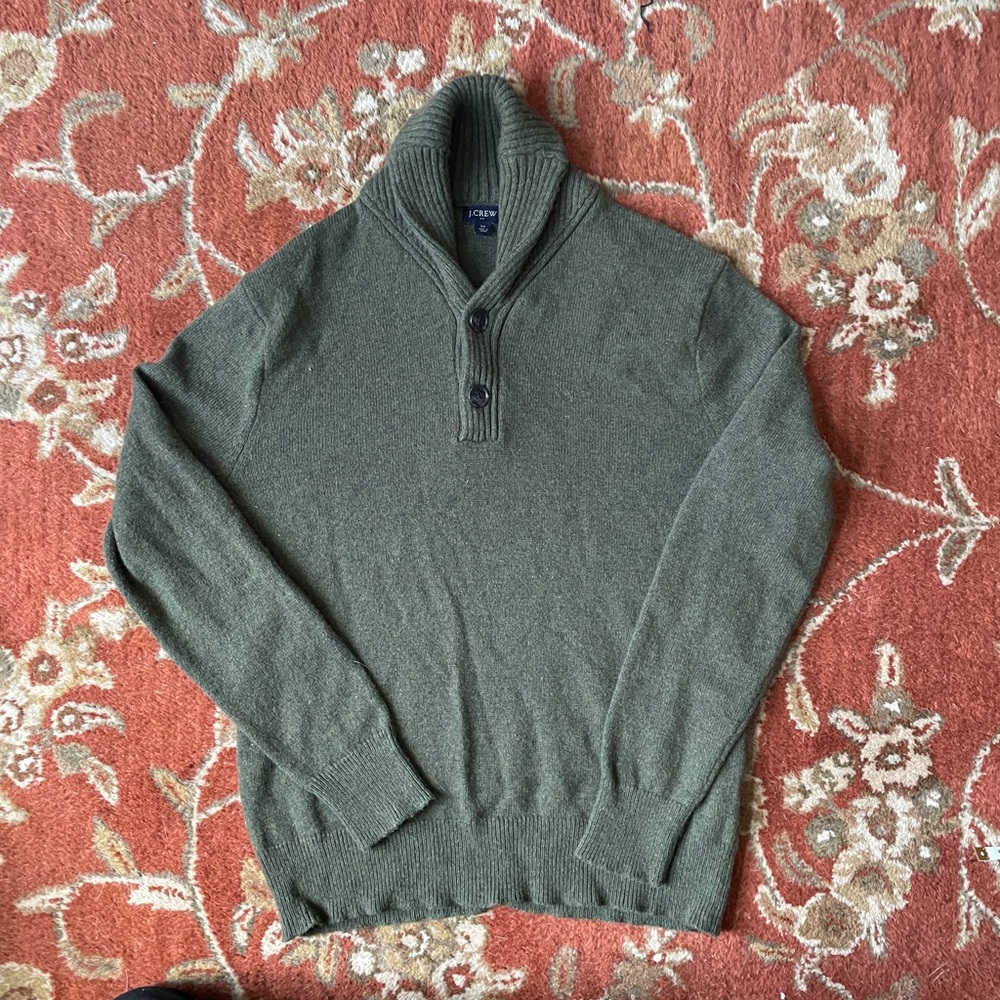 J. Crew Men's Wool Olive Shawl Collar Button Sweater